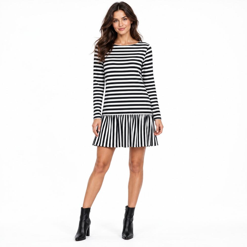 Amanda Uprichard Black White Striped Ruffle Hem Dress EUC Size Small